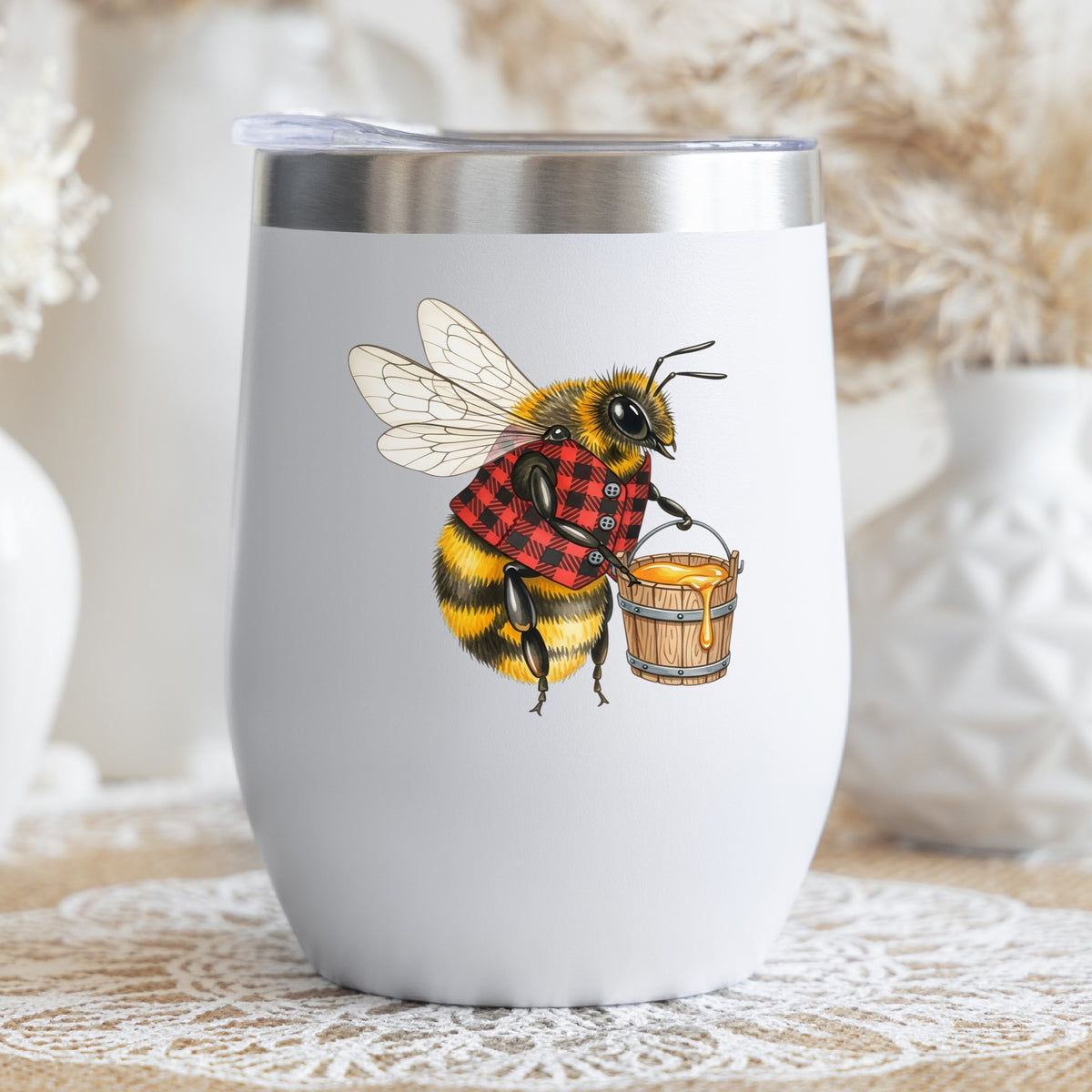 Bee In Plaid Vest With Honey Bucket UV DTF sticker applied to a white stemless tumbler with a lid