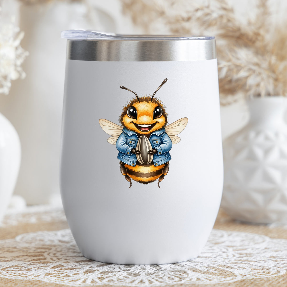 Bee In Denim Jacket With Sunflower Seed UV DTF sticker applied to a white stemless tumbler with a lid