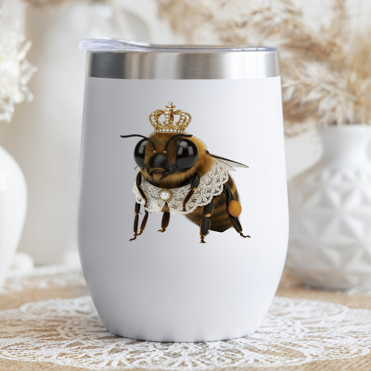 Honeybee With Gold Crown And Lace Collar UV DTF sticker applied to a white stemless tumbler with a lid