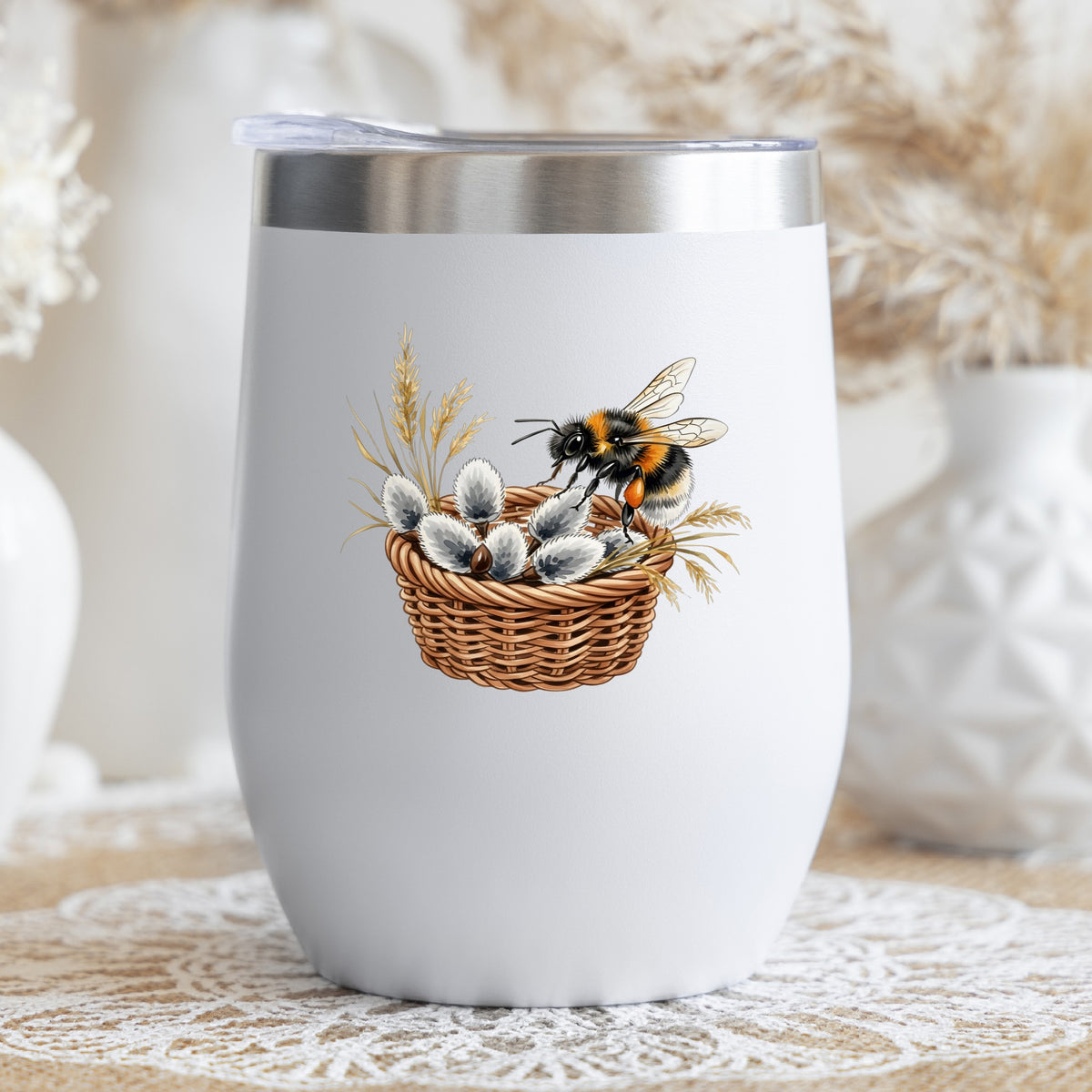 Bumble Bee On Basket Of Pussy Willow UV DTF sticker applied to a white stemless tumbler with a lid