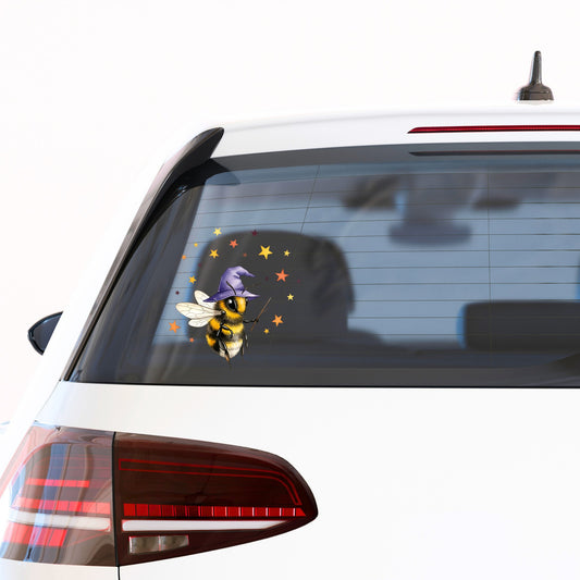 Bee Wizard With Stars UV DTF sticker applied to the rear window of a white car