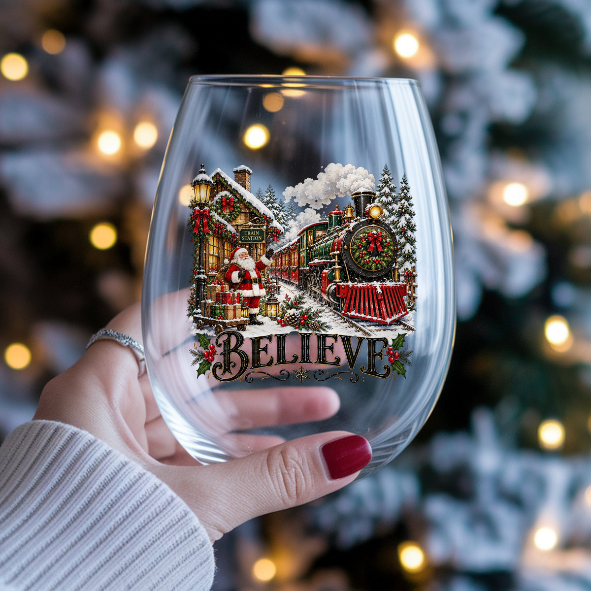 Believe Santa Christmas Train Station UV DTF sticker applied to a stemless wine glass held in hand