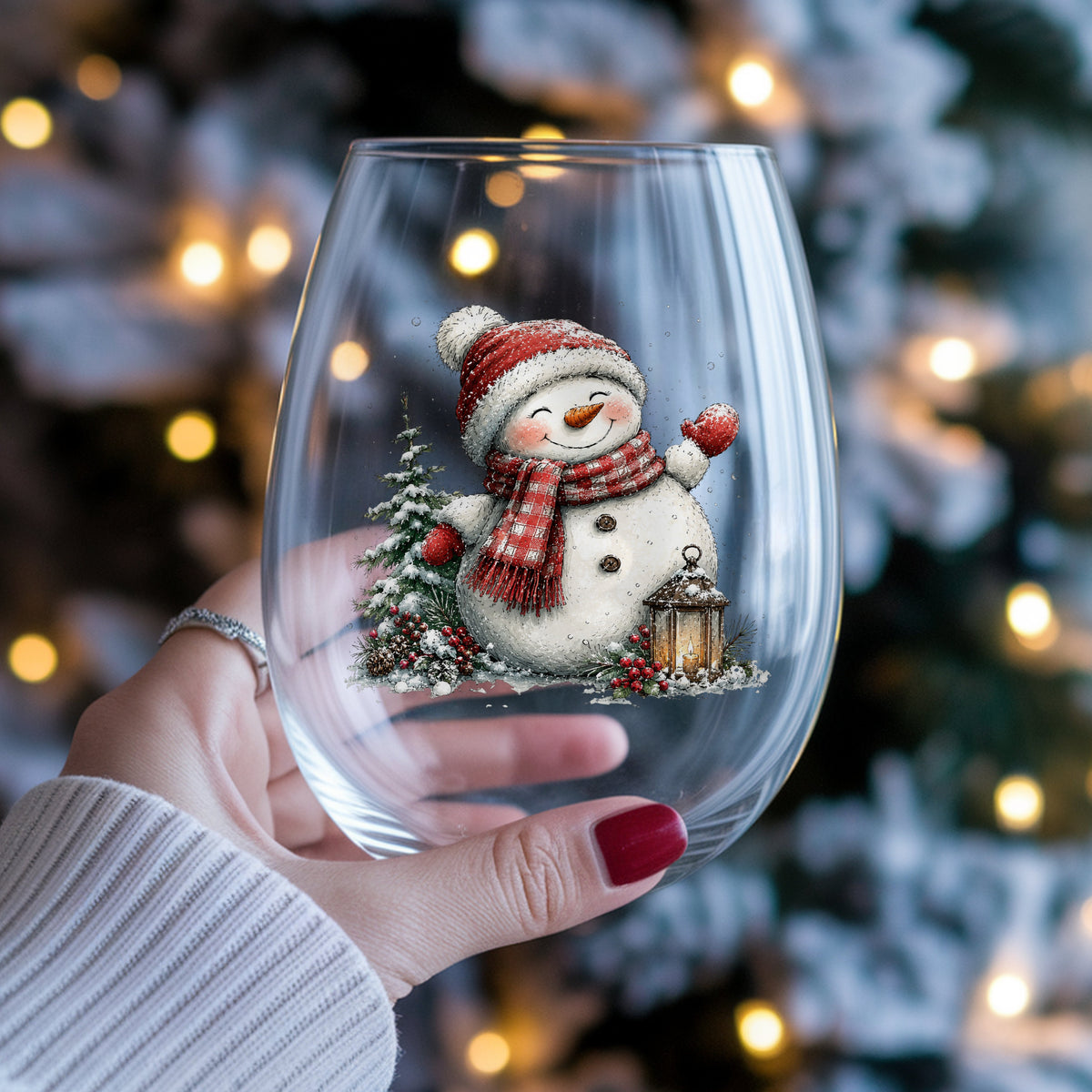 Waving Snowman By Snowy Pine Tree UV DTF sticker applied to a stemless wine glass held in hand