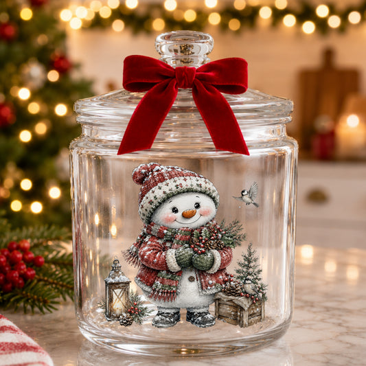 Snowman In Red Sweater Holding Holly UV DTF sticker applied to a glass candy jar tied with a red bow