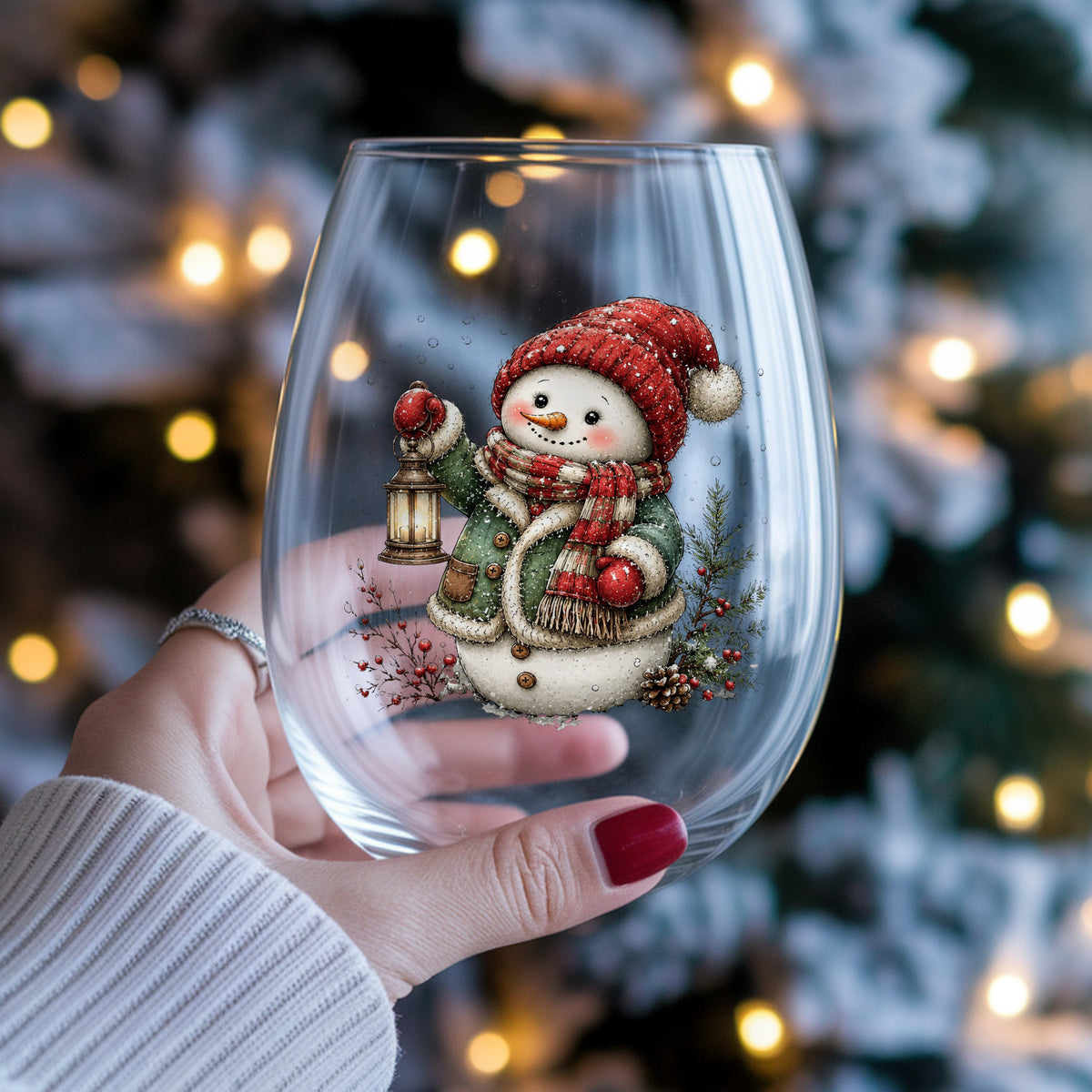 Green Coat Snowman Holding Lantern UV DTF sticker applied to a stemless wine glass held in hand