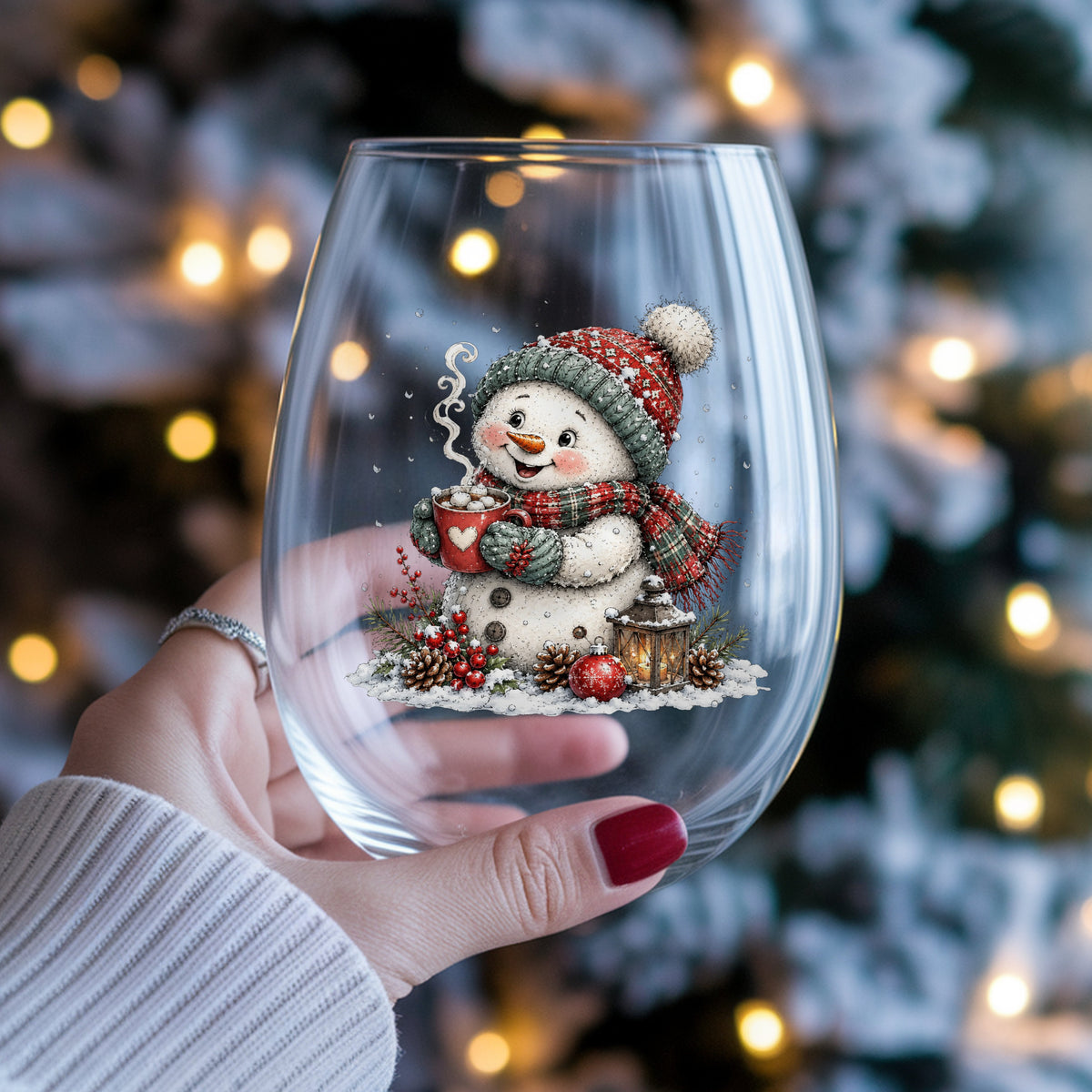 Hot Cocoa Snowman With Heart Mug UV DTF sticker applied to a stemless wine glass held in hand