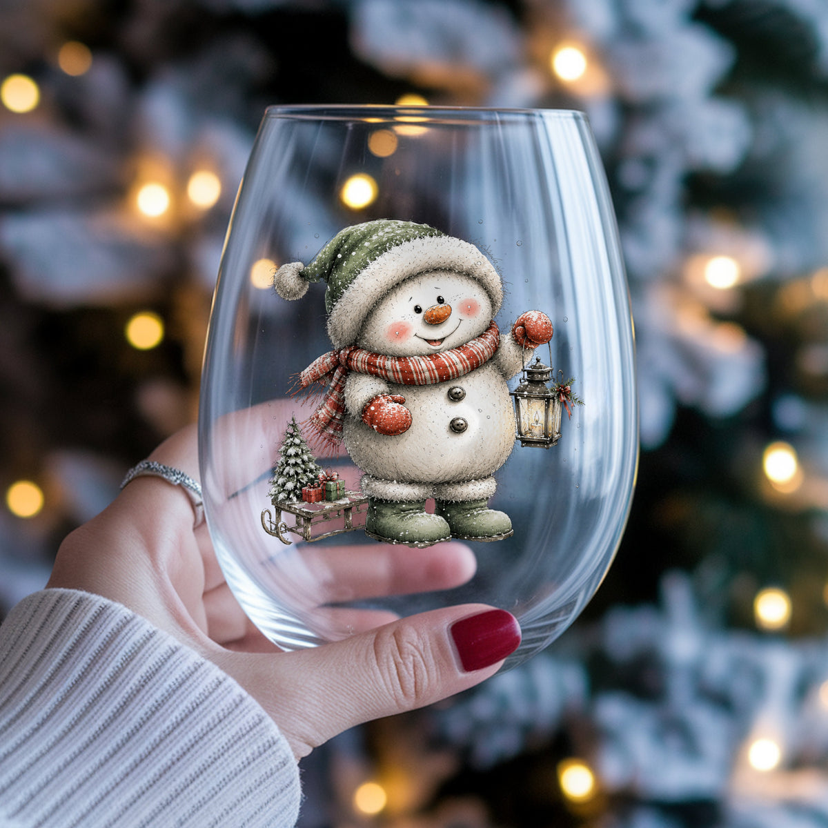Green Hat Snowman With Sled And Gifts UV DTF sticker applied to a stemless wine glass held in hand