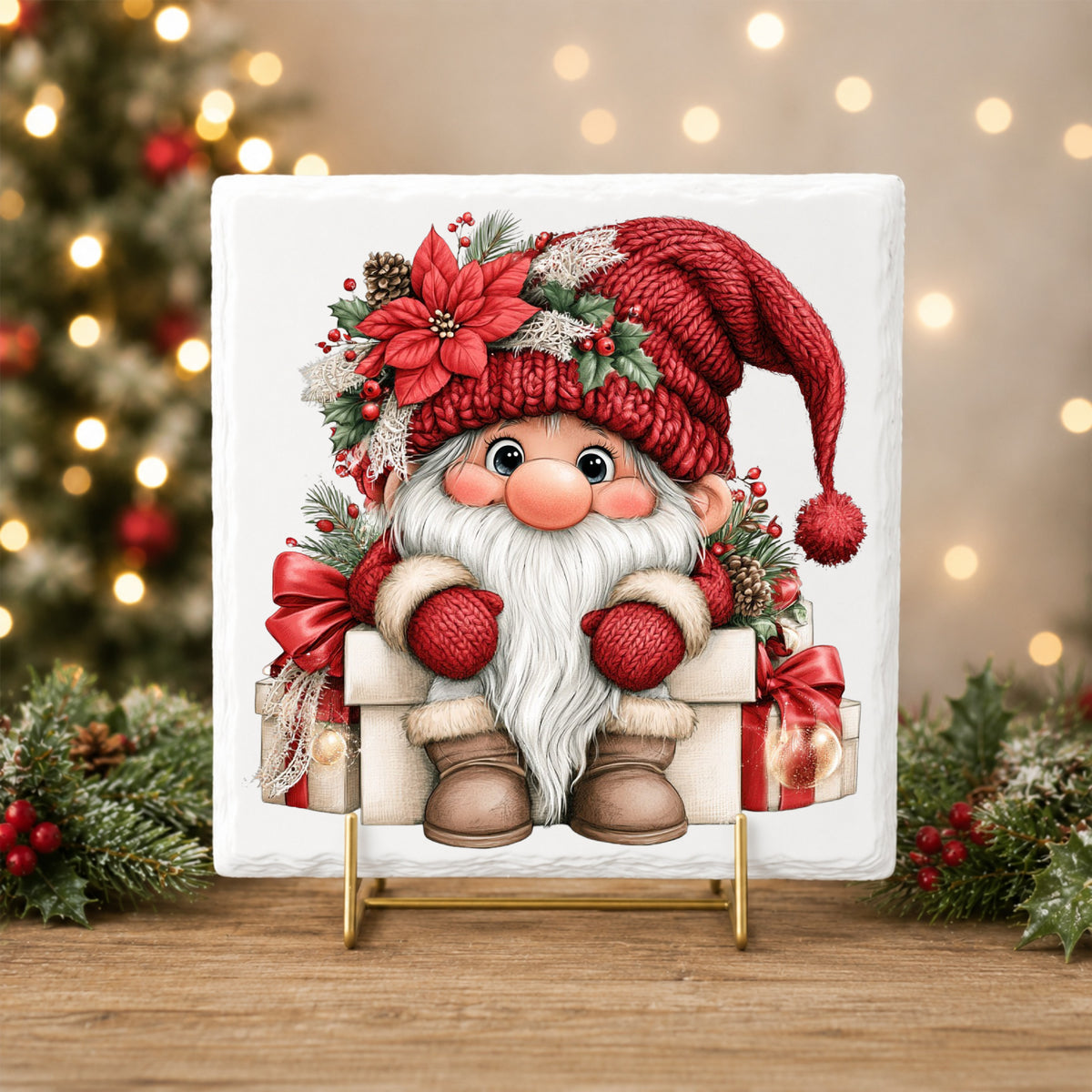 Gnome Sitting On Gift Boxes UV DTF sticker applied to a white tile on a gold stand