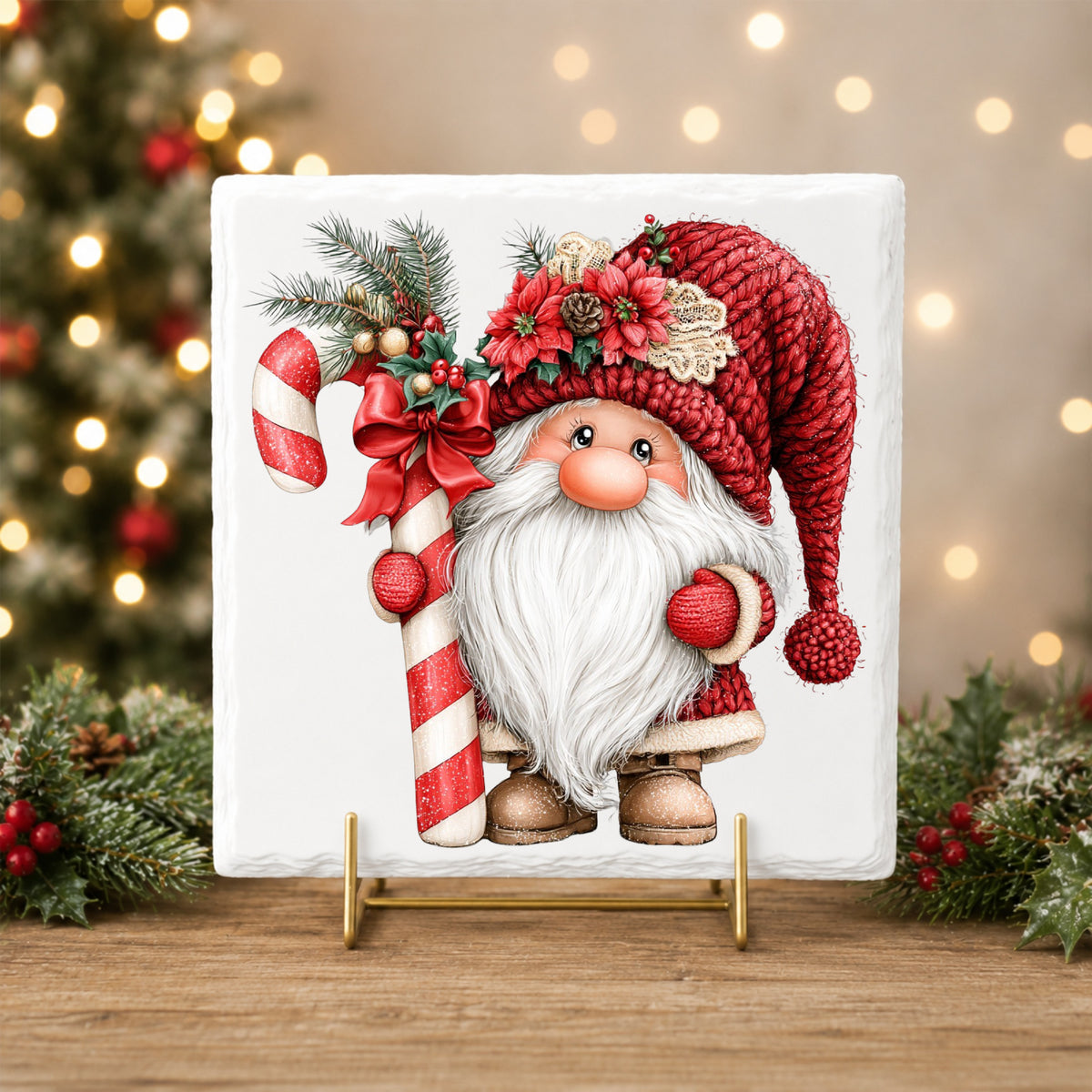 Candy Cane Gnome UV DTF sticker applied to a white tile on a gold stand