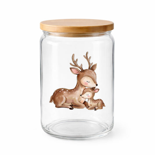 Mother Deer And Fawn UV DTF sticker applied to a clear glass jar with a wooden lid