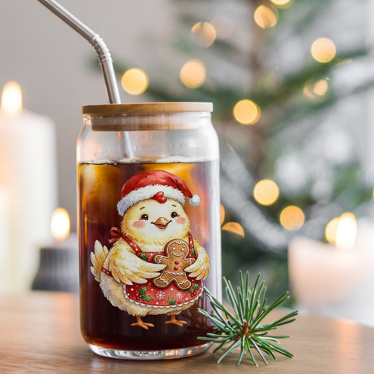 Chicken In Apron With Gingerbread Cookie UV DTF sticker applied to a glass can cup of iced coffee with a straw