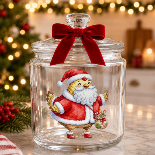 Chicken Dressed As Santa Claus UV DTF sticker applied to a glass candy jar tied with a red bow