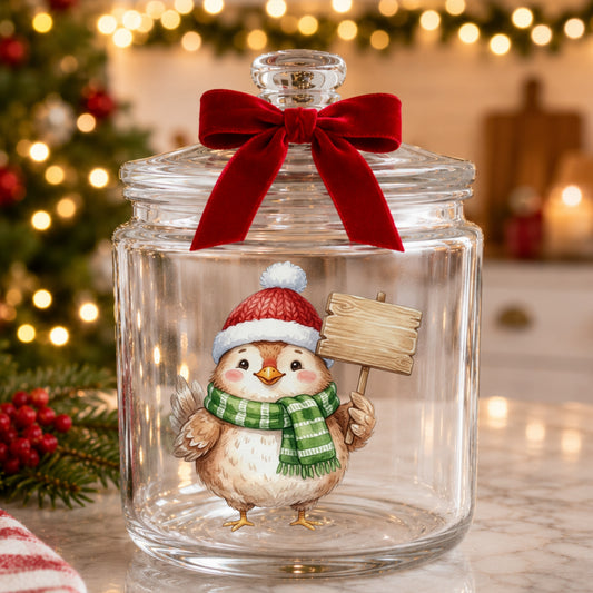 Chick With Blank Wooden Sign UV DTF sticker applied to a glass candy jar tied with a red bow