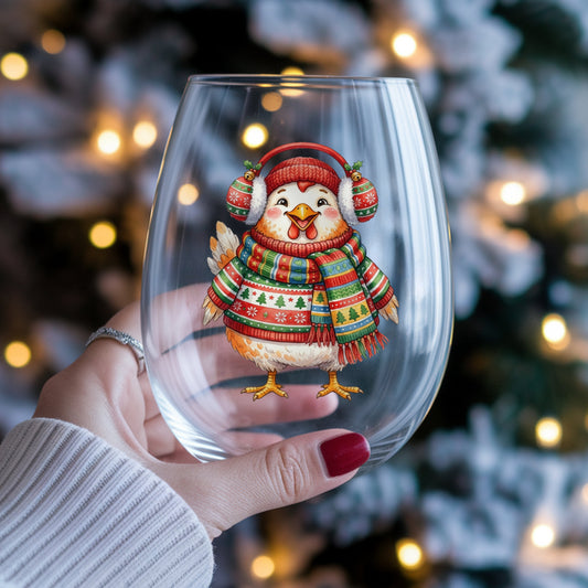 Ugly Sweater Chicken With Earmuffs UV DTF sticker applied to a stemless wine glass held in hand
