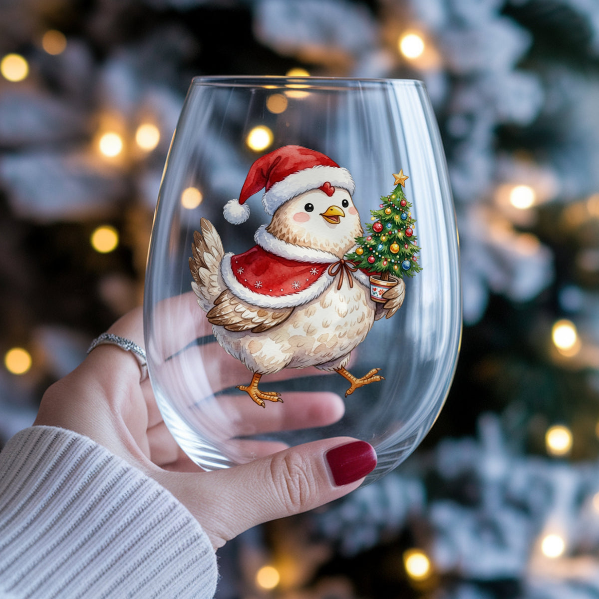 Chicken Carrying Small Christmas Tree UV DTF sticker applied to a stemless wine glass held in hand