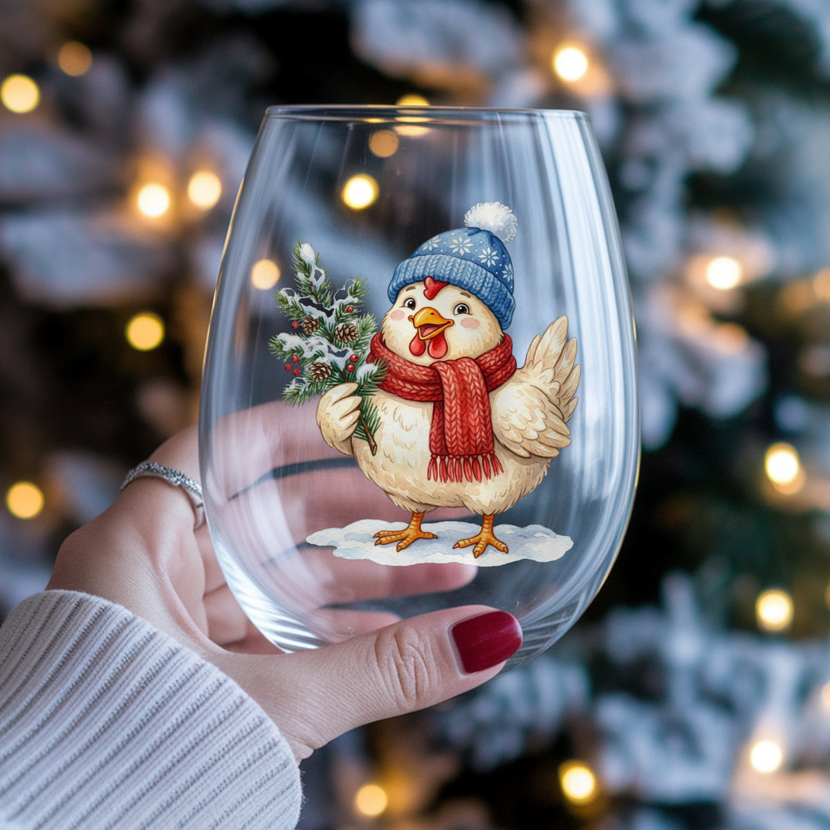 Blue Beanie Chicken With Pine Branch UV DTF sticker applied to a stemless wine glass held in hand