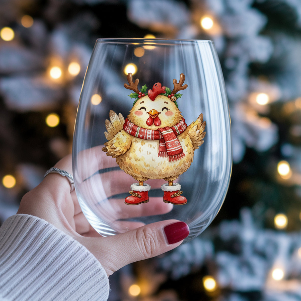 Yellow Chicken With Antlers And Red Boots UV DTF sticker applied to a stemless wine glass held in hand