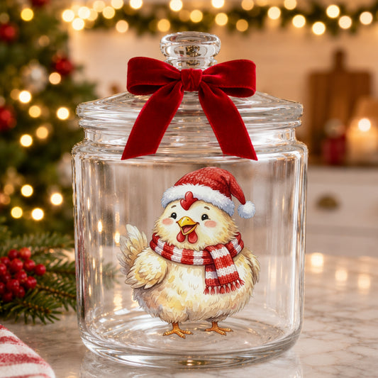 Santa Hat Chicken In Striped Scarf UV DTF sticker applied to a glass candy jar tied with a red bow