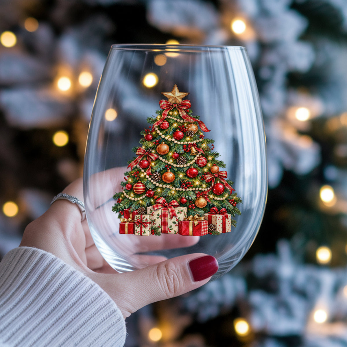 Decorated Christmas Tree With Presents UV DTF sticker applied to a stemless wine glass held in hand