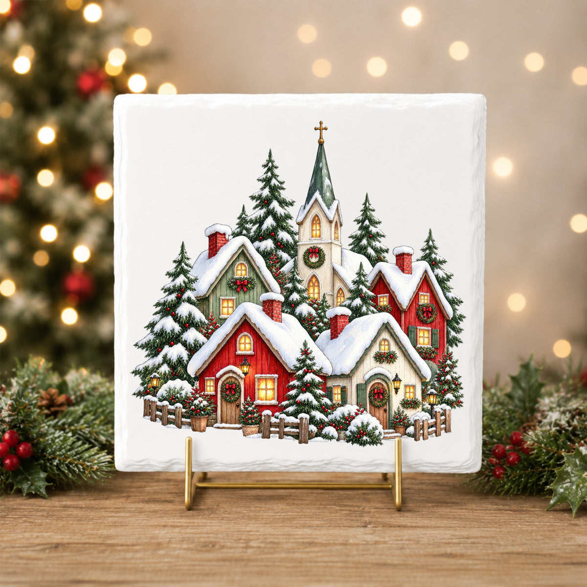 Snowy Christmas Village With Church UV DTF sticker applied to a white tile on a gold stand