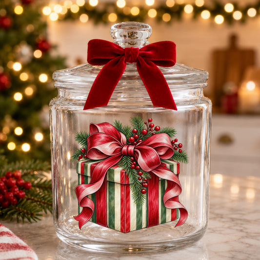 Striped Christmas Gift Box UV DTF sticker applied to a glass candy jar tied with a red bow