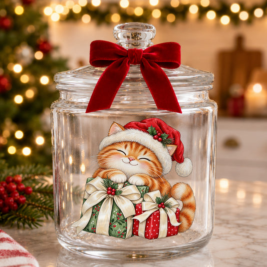 Orange Kitten With Christmas Gifts UV DTF sticker applied to a glass candy jar tied with a red bow