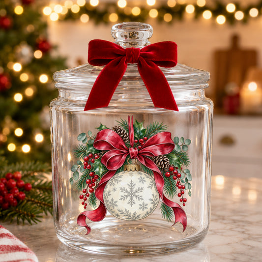 Snowflake Ornament With Red Bow UV DTF sticker applied to a glass candy jar tied with a red bow