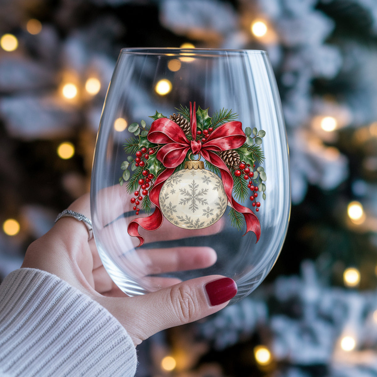 Snowflake Ornament With Red Bow UV DTF sticker applied to a stemless wine glass held in hand