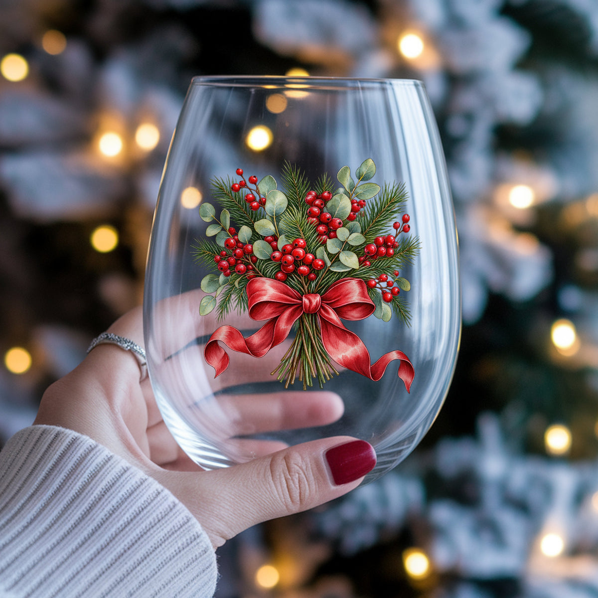 Winter Berry Bouquet With Red Bow UV DTF sticker applied to a stemless wine glass held in hand