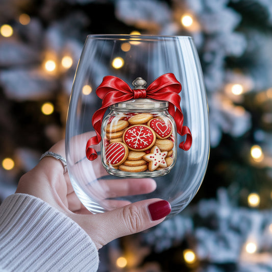 Christmas Cookie Jar UV DTF sticker applied to a stemless wine glass held in hand