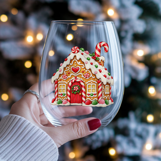 Gingerbread House With Candy UV DTF sticker applied to a stemless wine glass held in hand