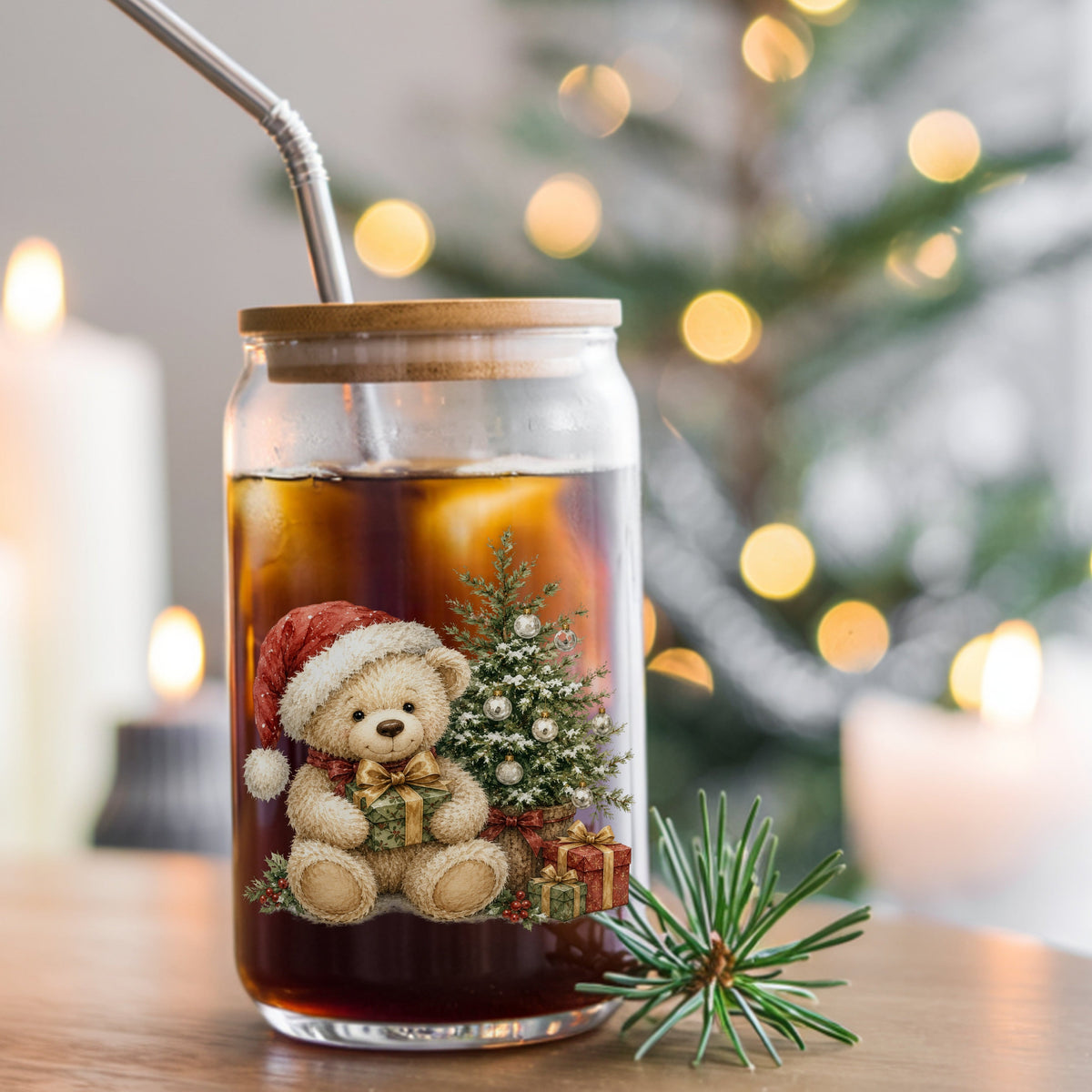 Christmas teddy bear UV DTF sticker applied to a glass jar