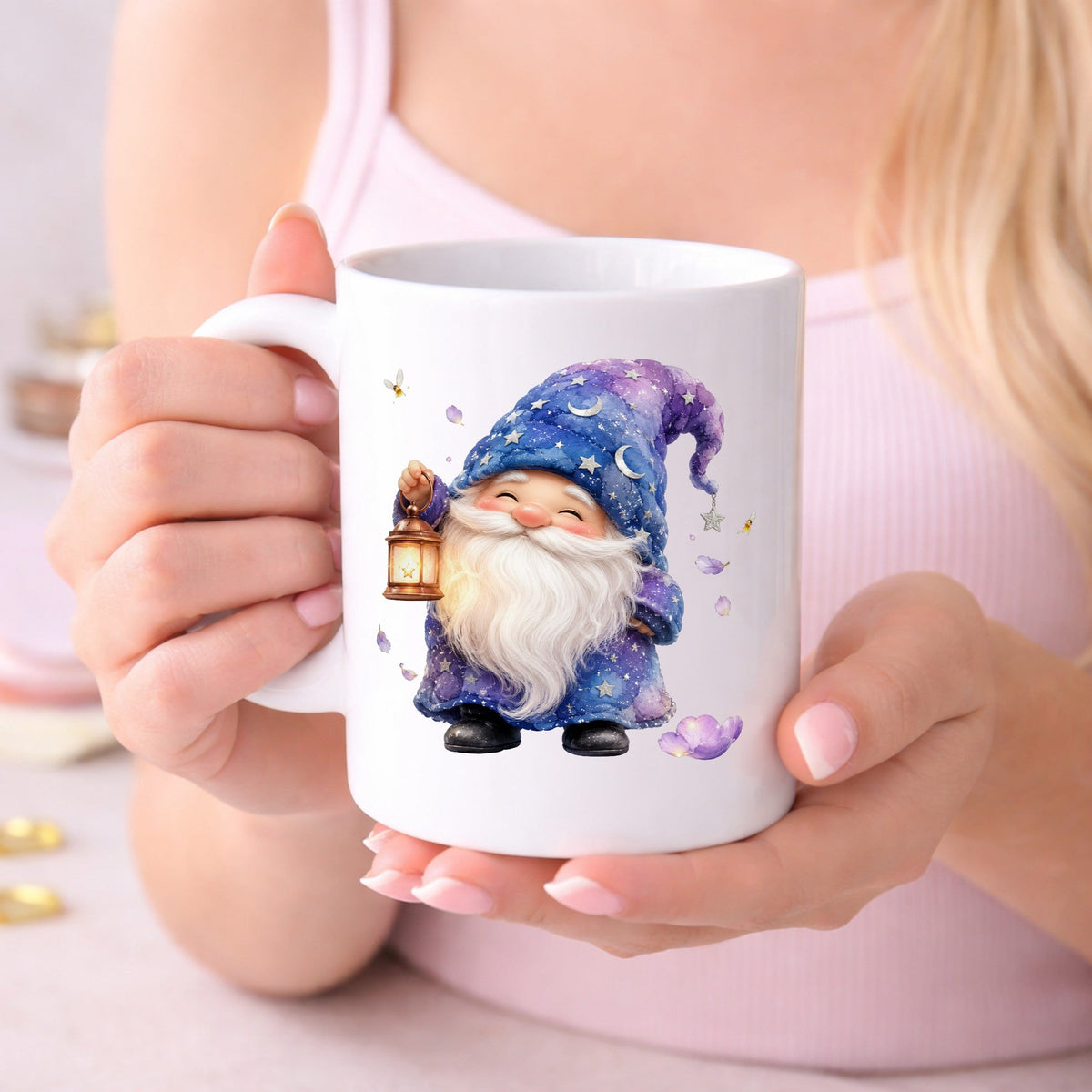 Gnome UV DTF sticker applied to a white coffee mug held in both hands
