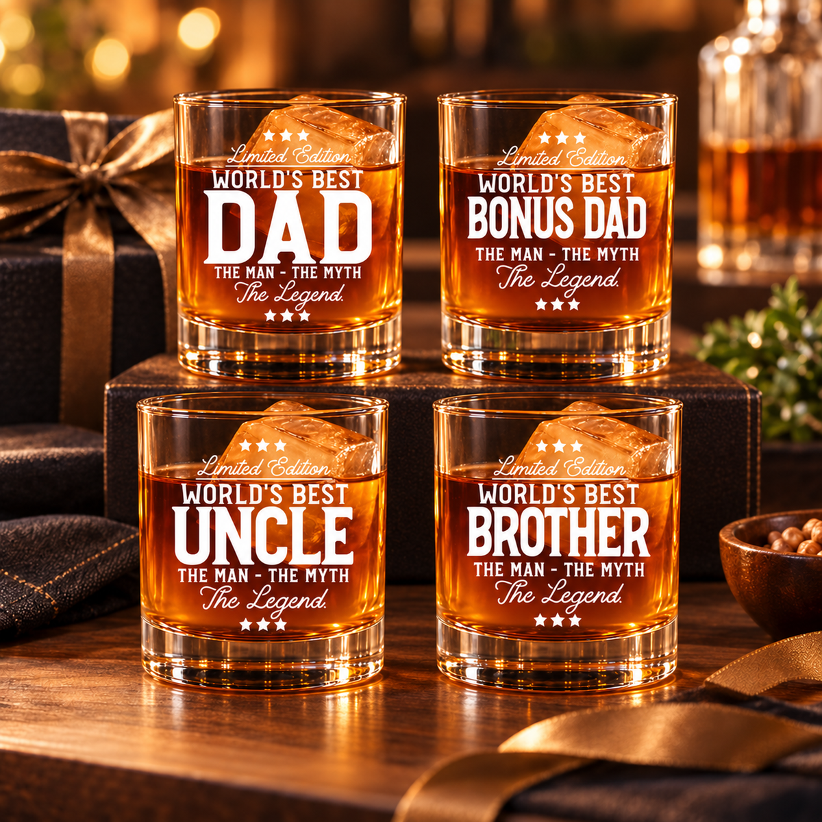 Engraved whiskey glass gift collection featuring Dad, Bonus Dad, Uncle and Brother designs