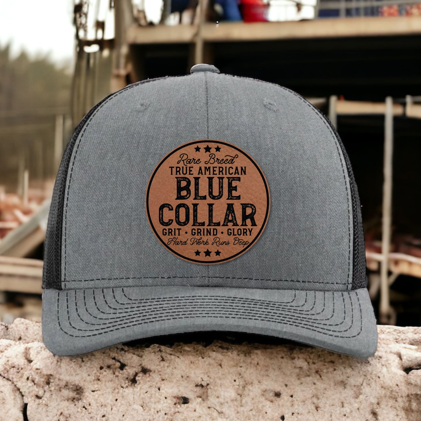 Richardson 112 blue collar trucker hat with leather patch – work snapback for construction workers and tradesmen