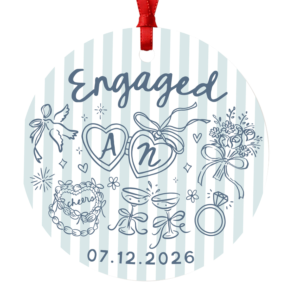Personalized blue striped engagement ornament with initials and full date, isolated close-up of the ornament design