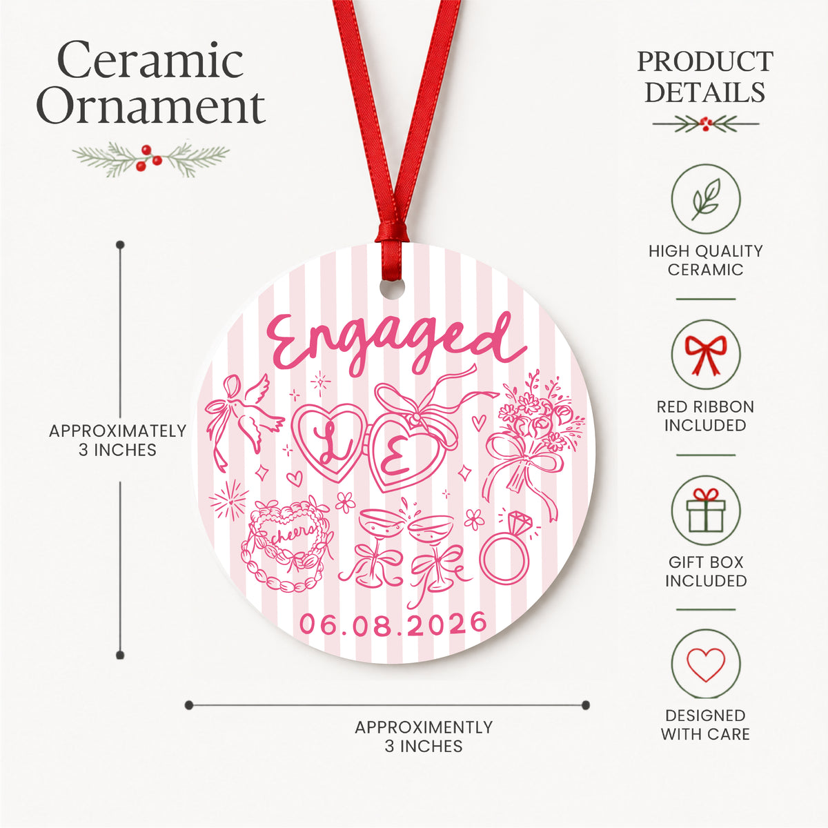 Personalized pink striped engagement ornament with initials and full date, product details graphic showing size, ceramic, ribbon and gift box