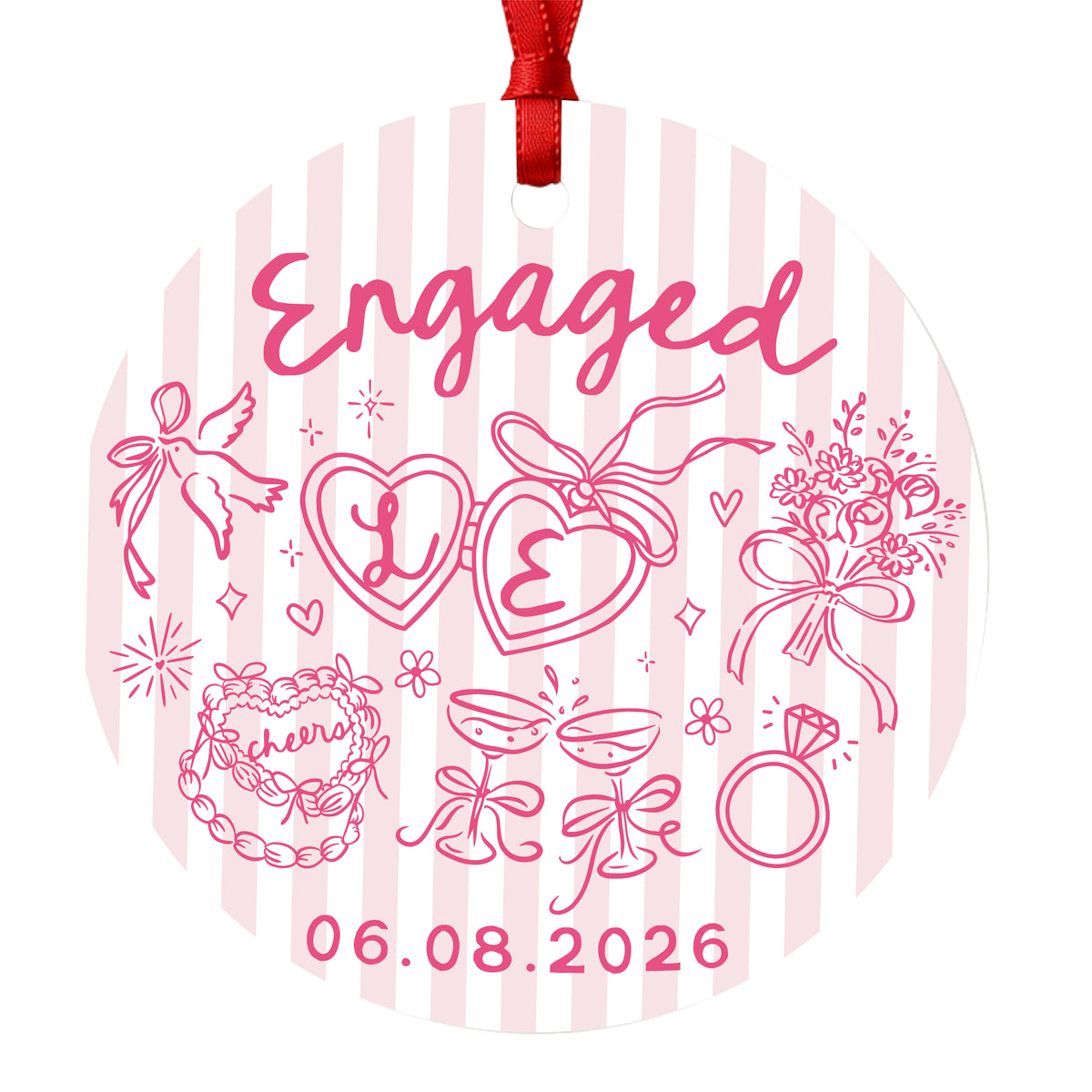 Personalized pink striped engagement ornament with initials and full date, isolated close-up of the ornament design
