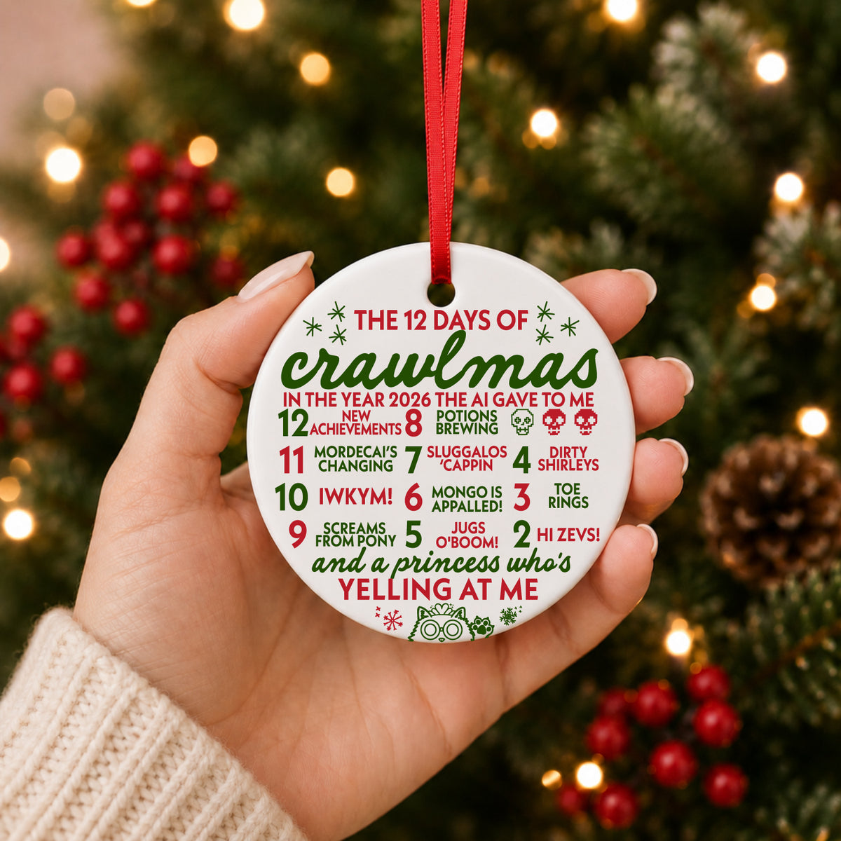 12 Days of Crawlmas ornament held in hand in front of a Christmas tree