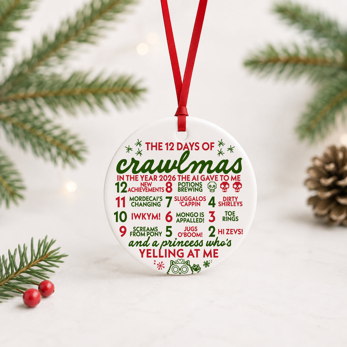 Dungeon Crawler Carl Crawlmas ornament with red ribbon and festive greenery
