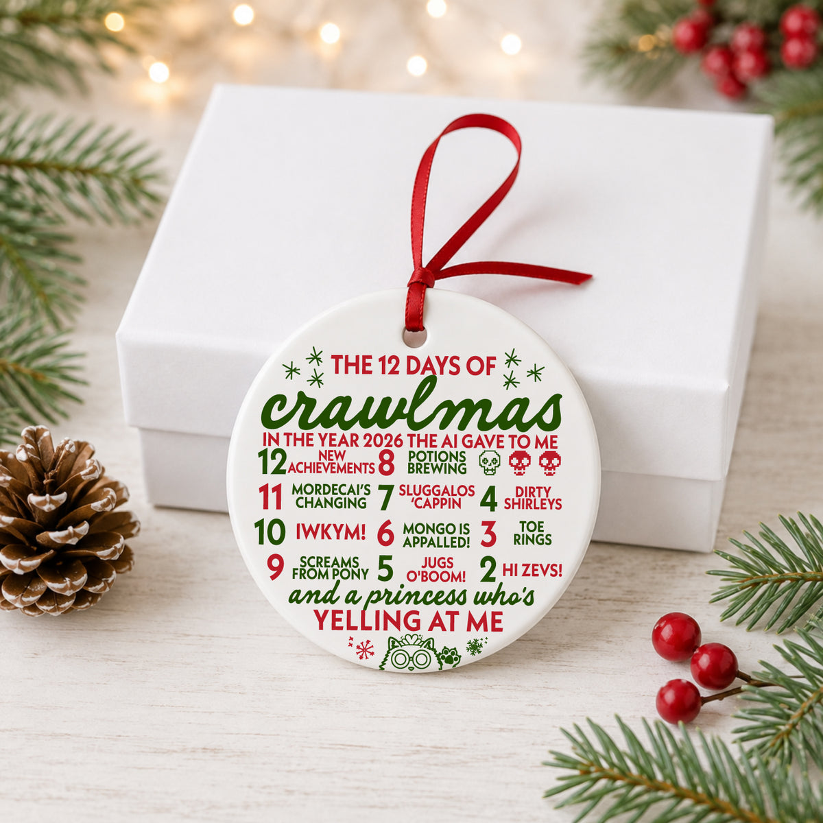 12 Days of Crawlmas ornament beside its white gift box