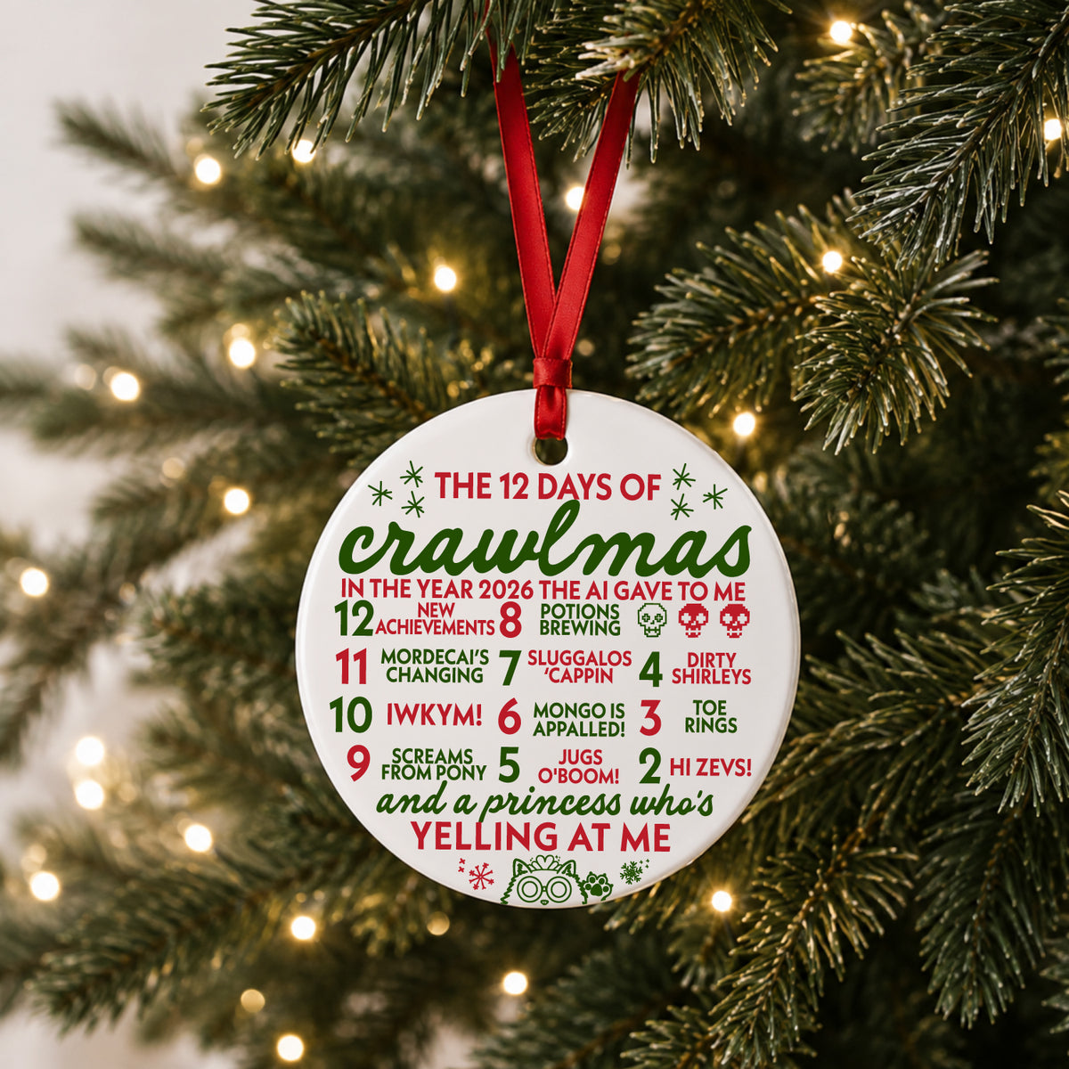 12 Days of Crawlmas Dungeon Crawler Carl ornament hanging on a Christmas tree
