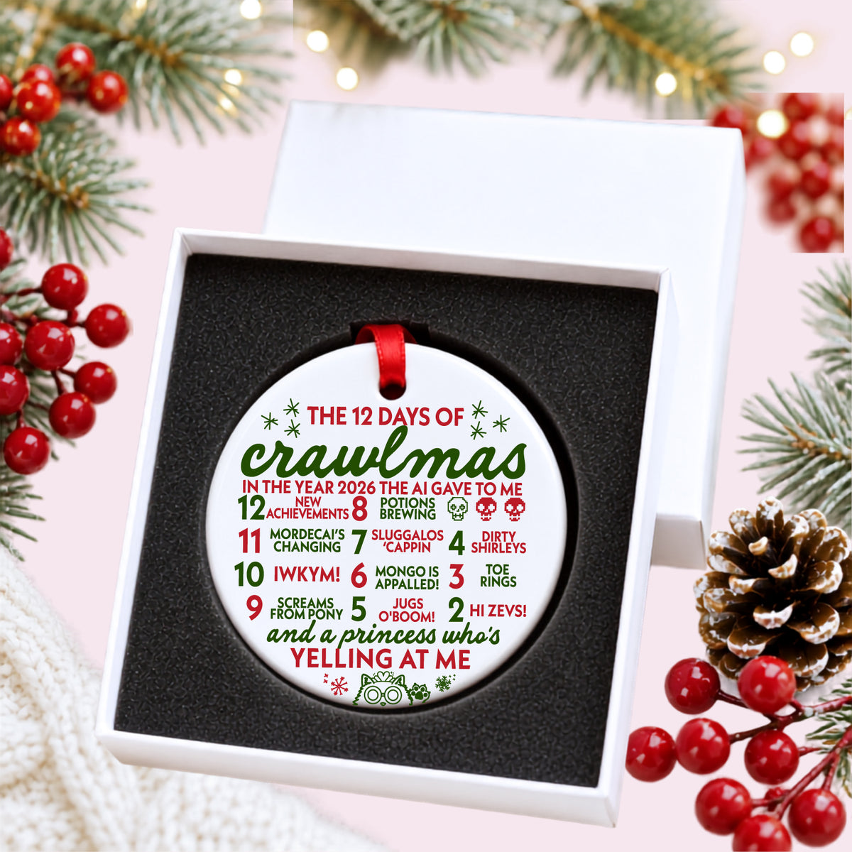 12 Days of Crawlmas ornament nestled in a white gift box with protective foam
