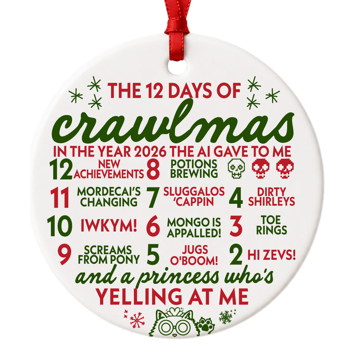 Close-up of red and green 12 Days of Crawlmas ornament with DCC references and crowned cat illustration