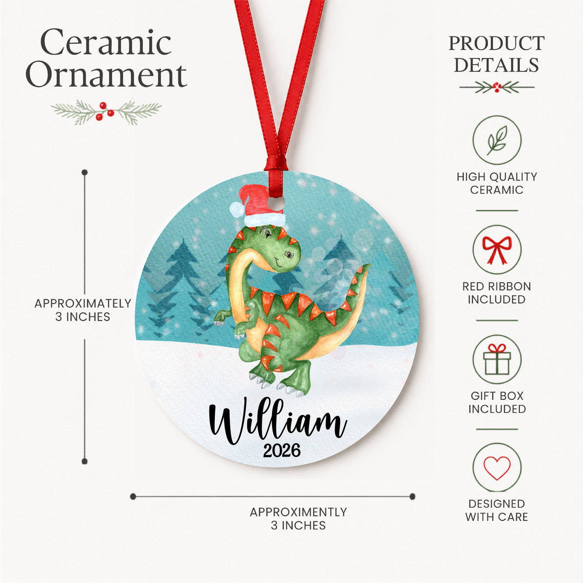 Personalized watercolor Christmas dinosaur ornament with child's name and year, product details graphic showing size, ceramic, ribbon and gift box
