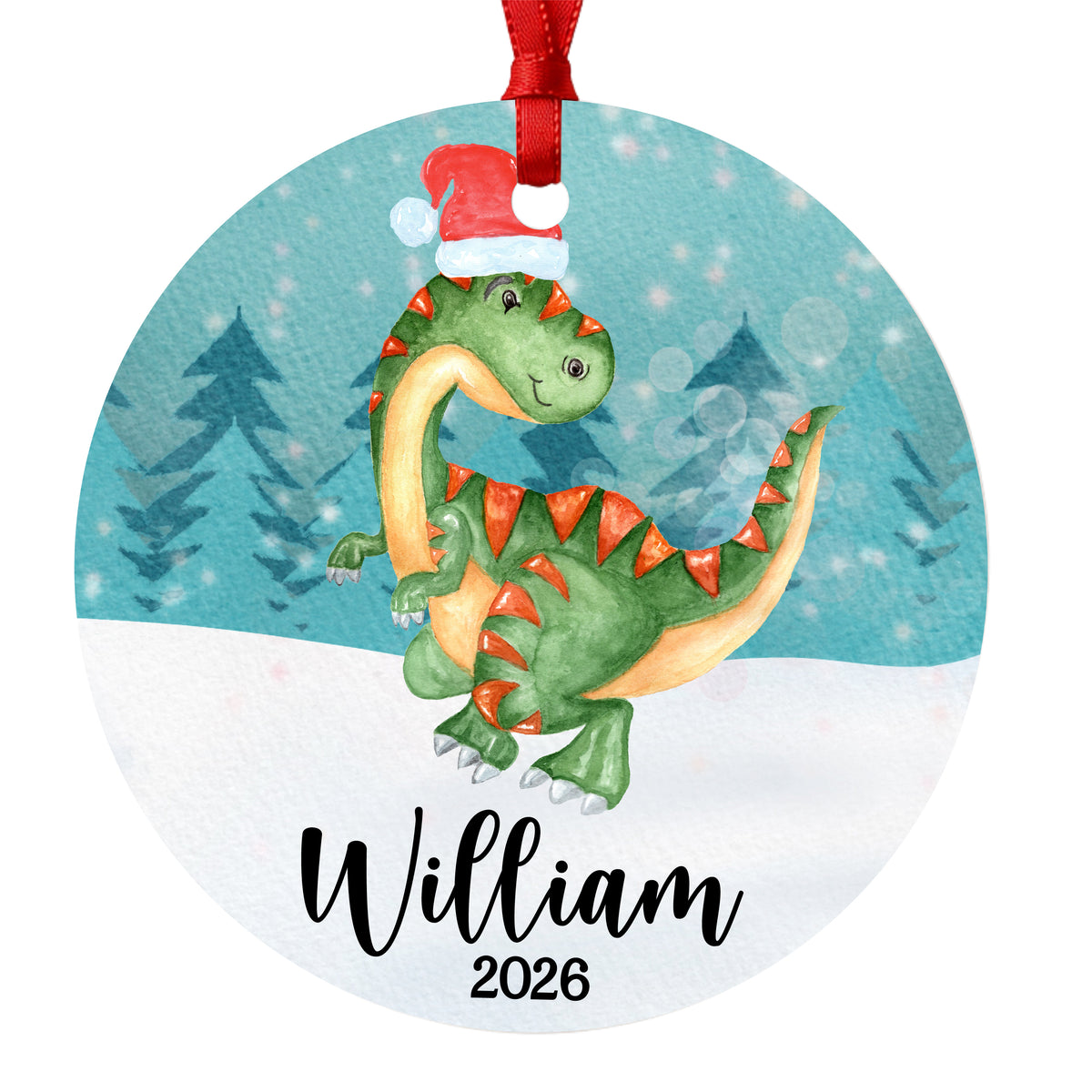 Personalized watercolor Christmas dinosaur ornament with child's name and year, isolated close-up of the ornament design