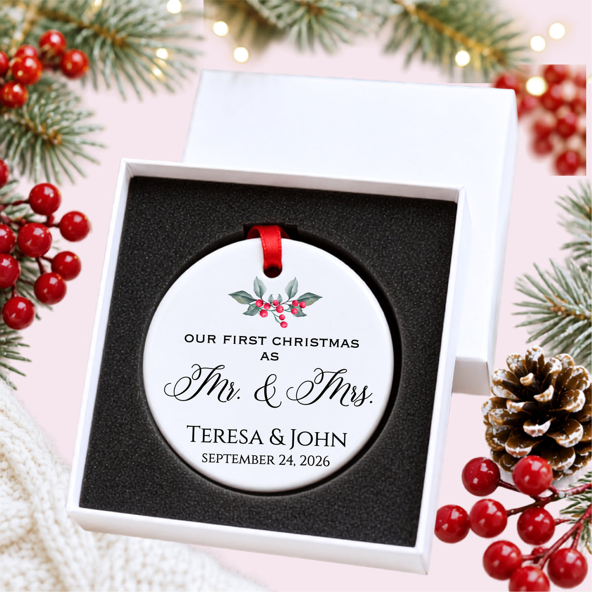 Personalized first Christmas as Mr. and Mrs. ornament with holly, couple names and wedding date, presented inside a white gift box with protective foam
