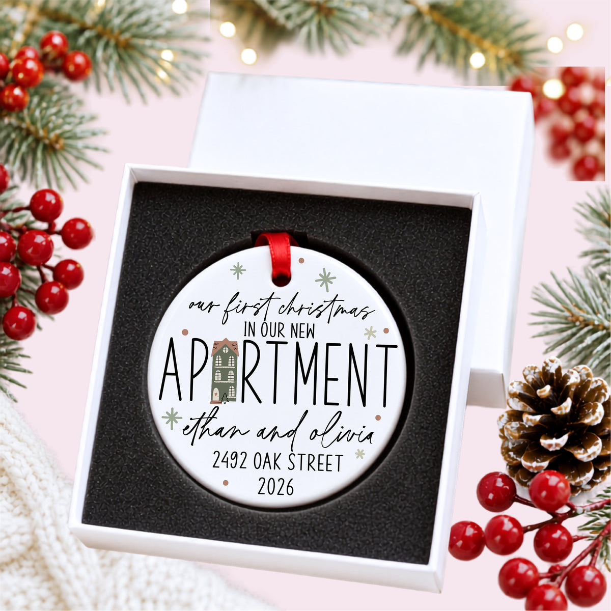 Personalized first Christmas in our new apartment ornament with address, names and year, presented inside a white gift box with protective foam
