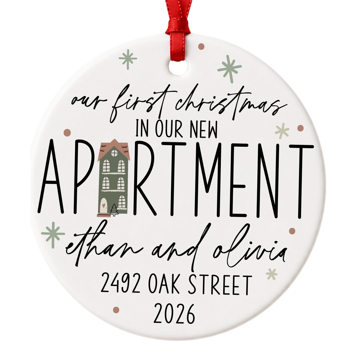 Personalized first Christmas in our new apartment ornament with address, names and year, isolated close-up of the ornament design