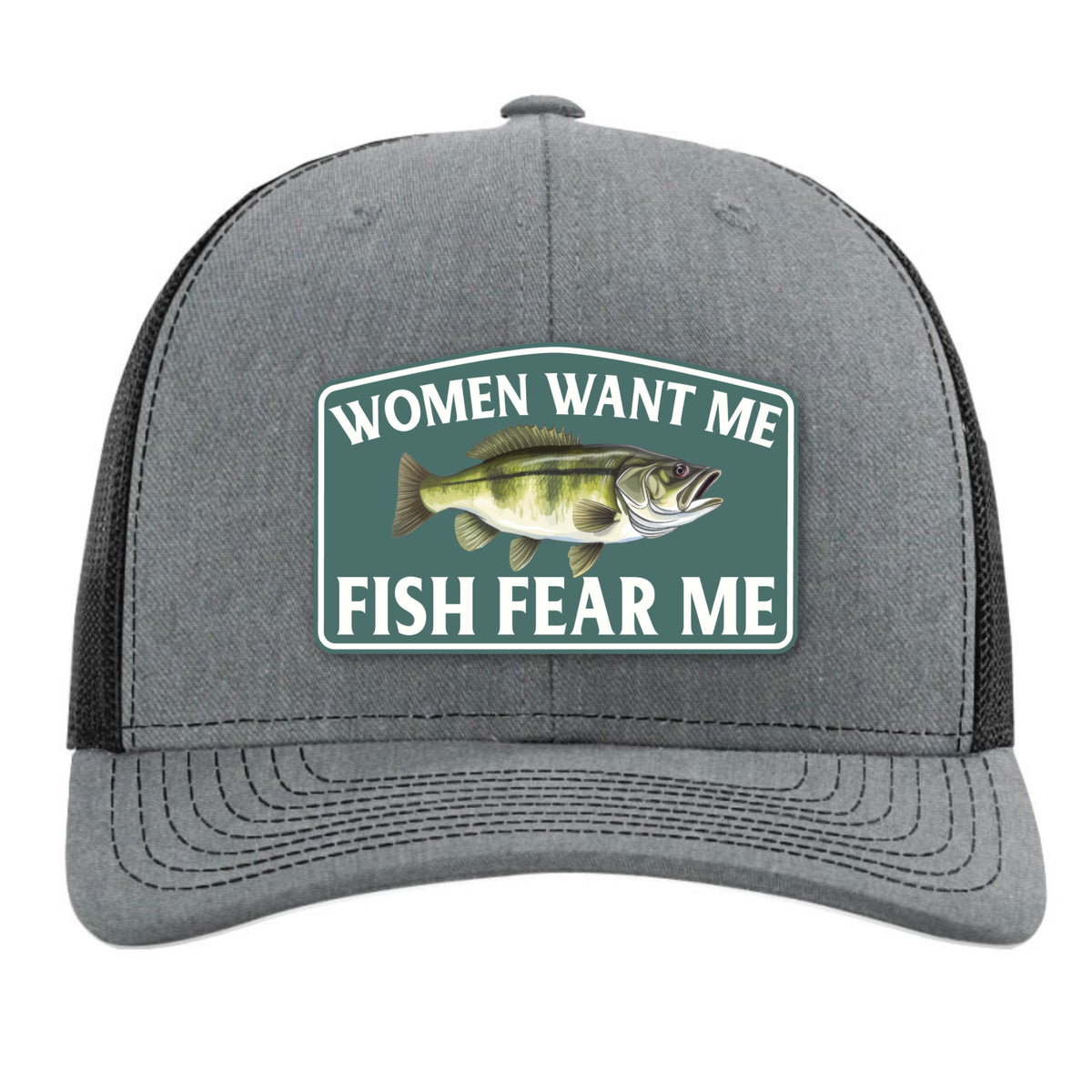 Front view of Women Want Me Fish Fear Me bass fishing trucker hat